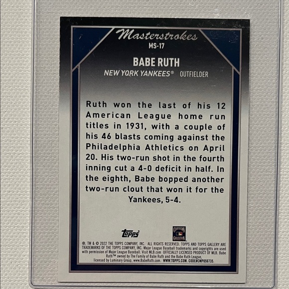 2022 Topps Gallery Masterstrokes Babe Ruth #MS-17 - Picture 2 of 2